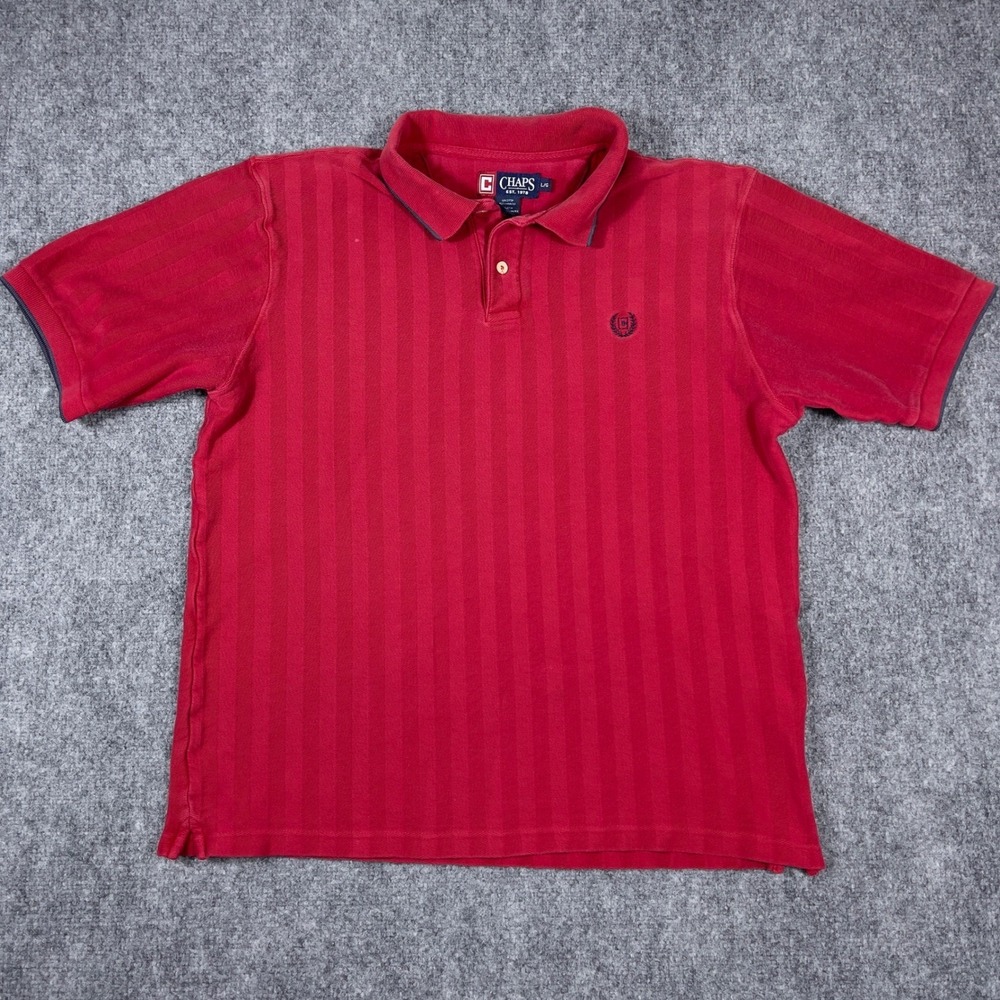 Vintage Chaps Polo Shirt Mens Large Red Short Sleeve Vertical Stripe Crest Logo
